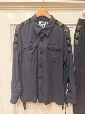 Pam & Gela Black Shirt Jacket with Metallic Chevron Shoulder Embellishment